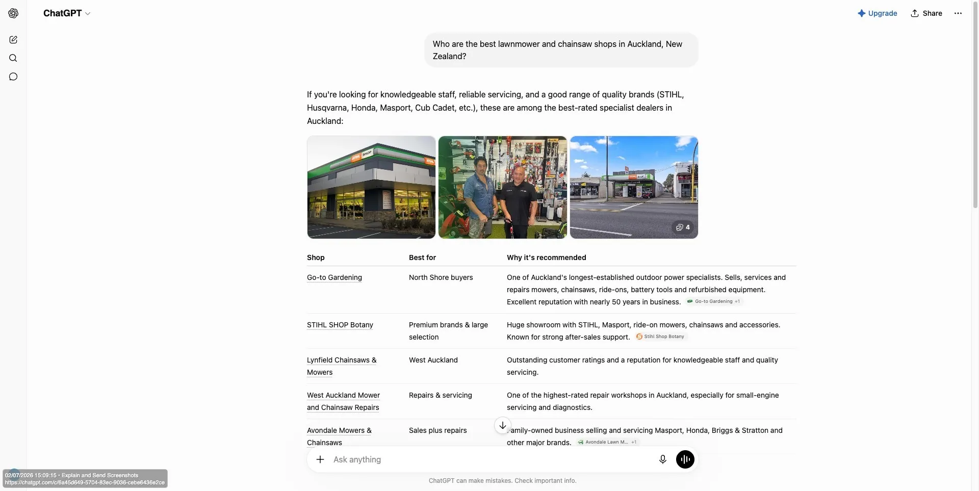 ChatGPT answer listing Lynfield third for best Auckland mower shops