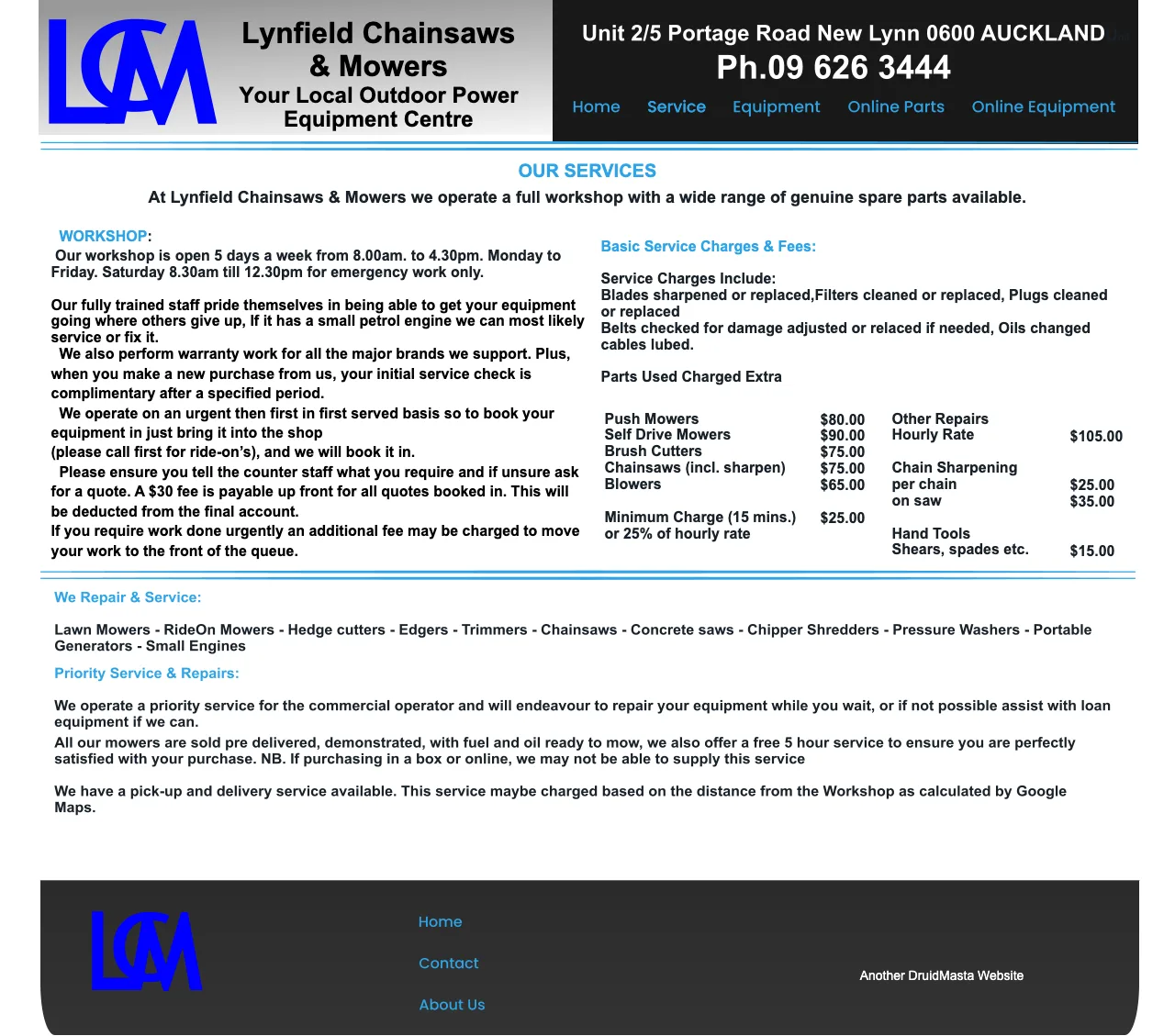 Lynfield service page with the price list baked into an image