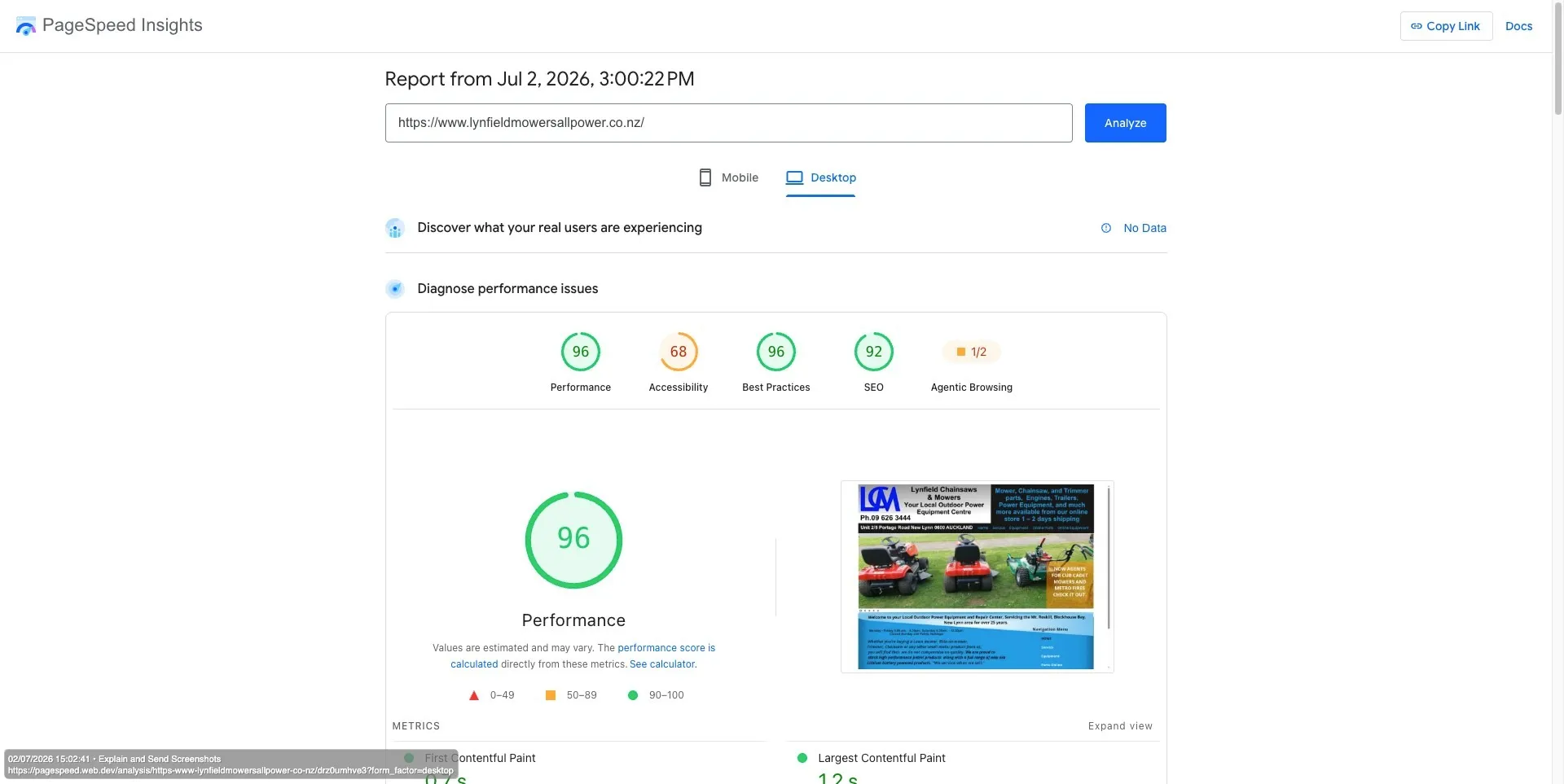 Google PageSpeed Insights desktop result showing a 96 performance score