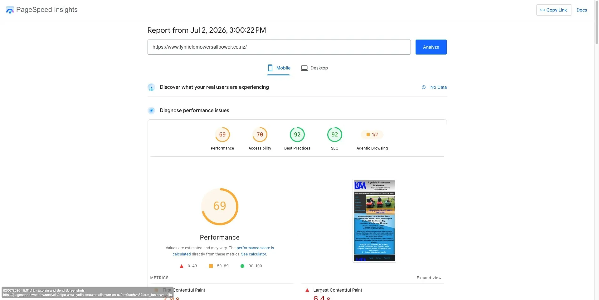 Google PageSpeed Insights mobile result showing a 69 performance score