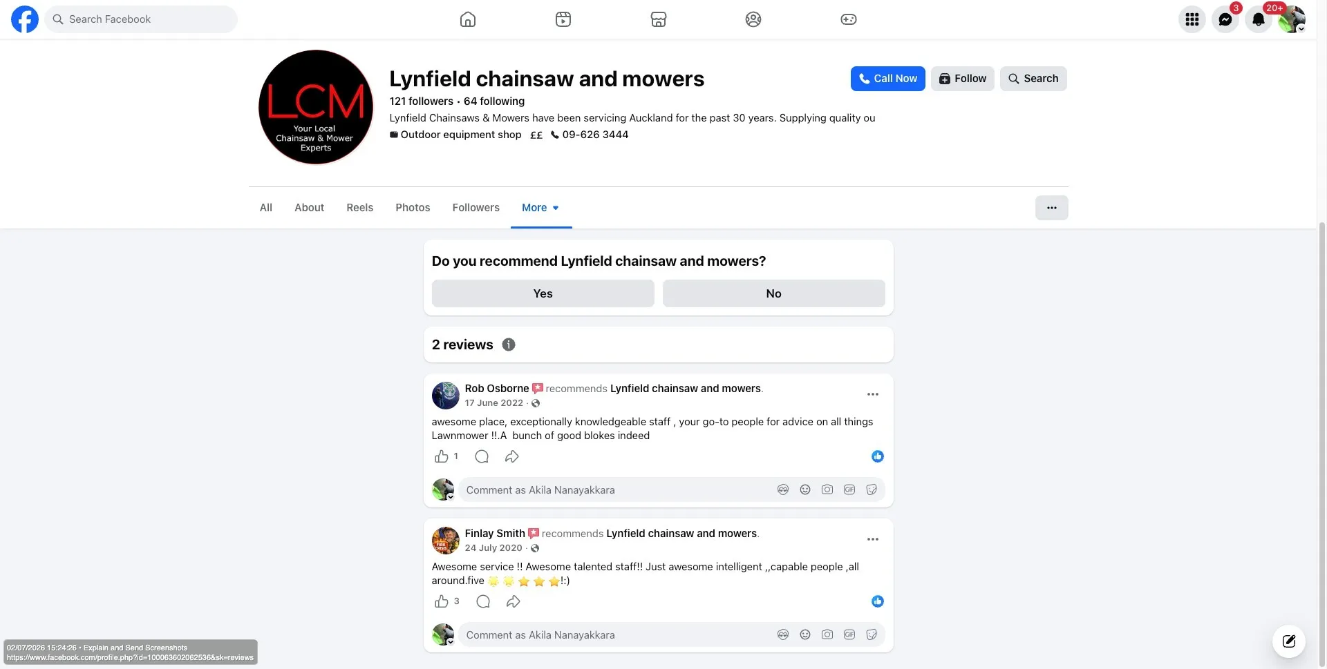 Lynfield Chainsaws and Mowers Facebook page with about 121 followers